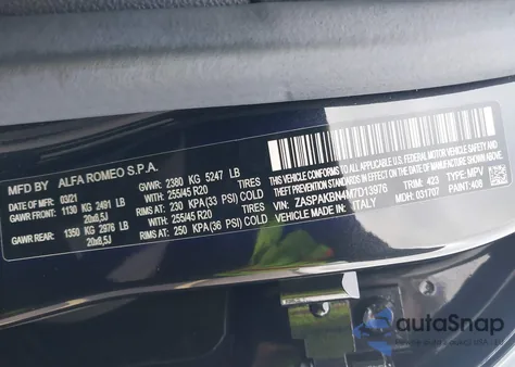 2021 Alfa Romeo Stelvio Ti Sport Awd from USA, damaged, VIN ZASPAKBN4M7D13976